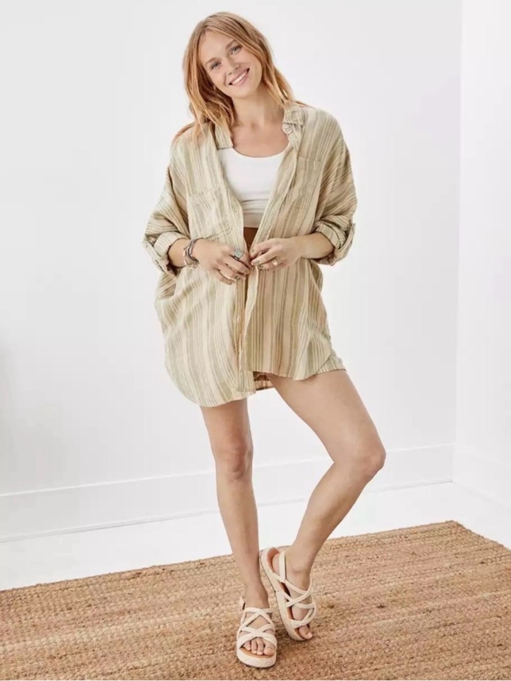 American Eagle Green Oversized Button Up Beach Shirt Roll-tab Sleeve